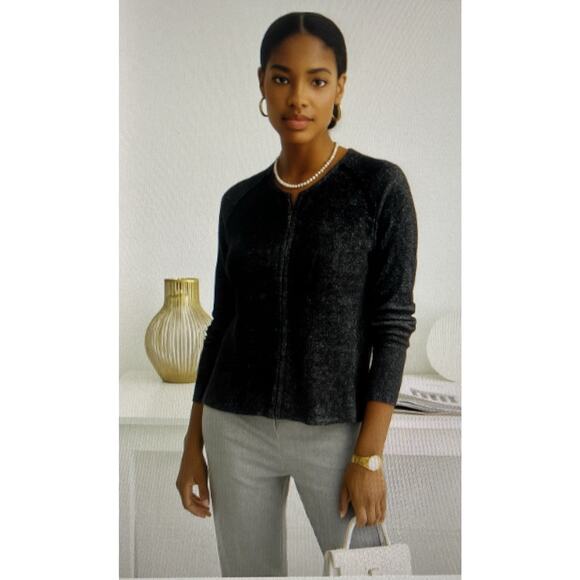 Eileen Fisher Silk Cotton Zip Front Jacket sweater cardigan Black career ribbed - Picture 1 of 7